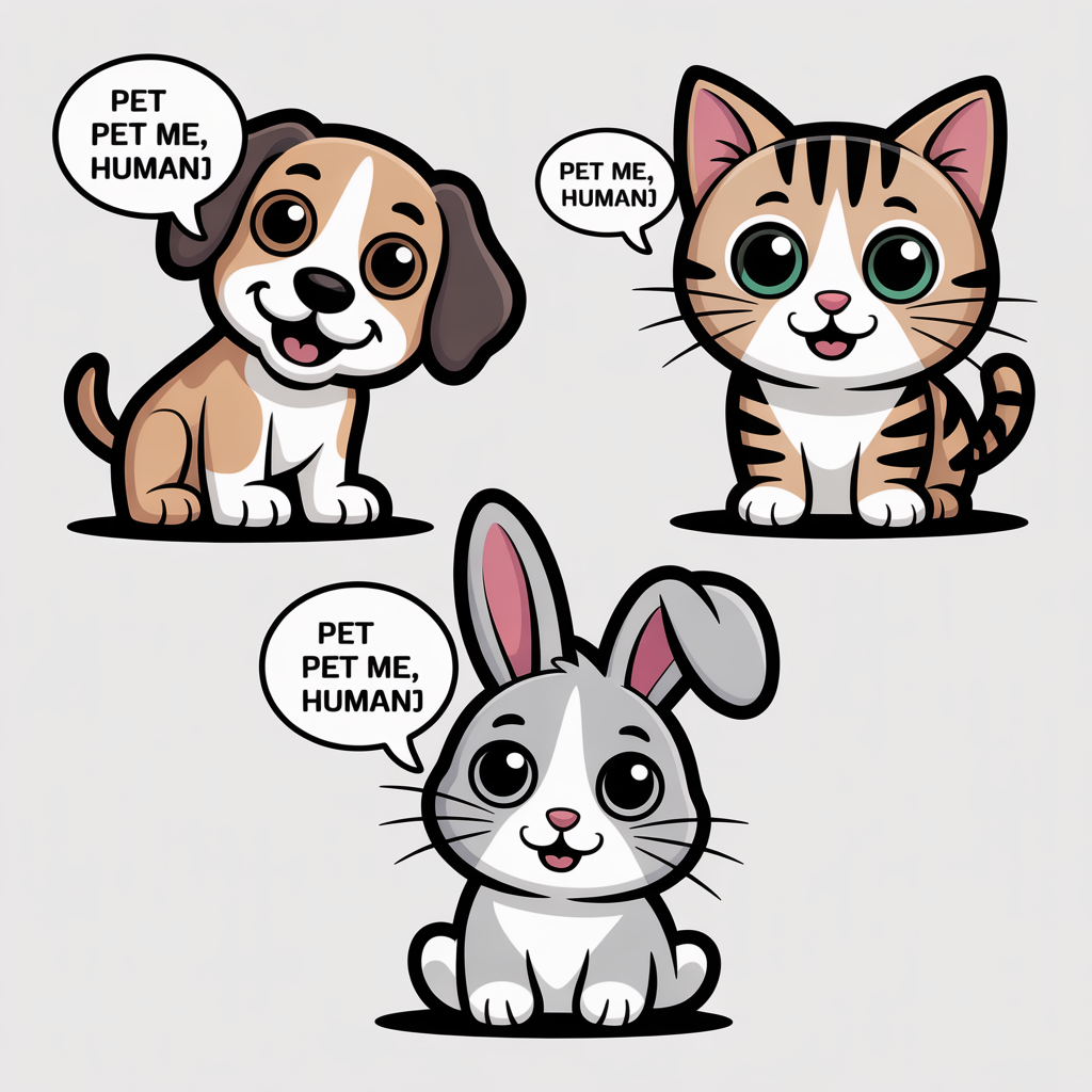 ‘Pet me, human’ text bubble with cartoon animals